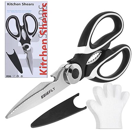 EBIEFLY Heavy-Duty Kitchen Shears w/ Serrated Blade & Bottle Opener + 100 Disposable Gloves $3 + Free Shipping w/ Prime or on $35+