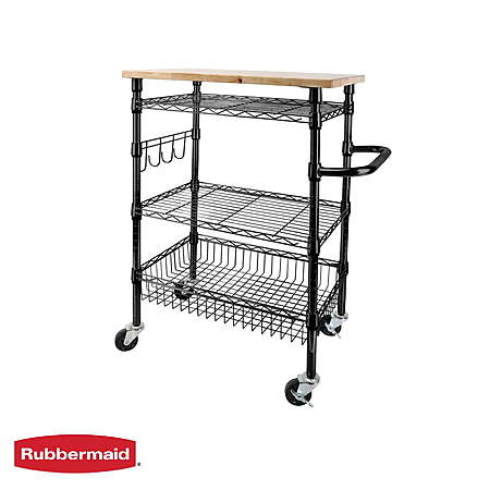 Rubbermaid 3-Tier Heavy Duty Rolling Utility Cart w/ Solid Wood Top (2 colors) $24