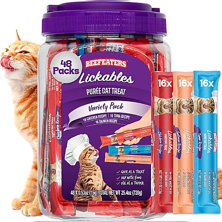 48-Ct Beefeaters Lickable Wet Puree Cat Treats (Variety Pack) + $1.65 Amazon Credit $15.57 w/ S&S + Free Shipping w/ Prime or on $35+