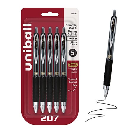 5-Ct Uni-Ball Signo 207 0.5mm Micro Point Retractable Gel Pens (Black) $3.60 w/ S&S