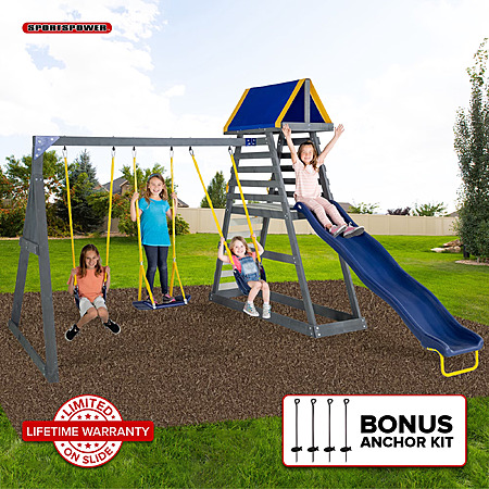 Sportspower Mill Creek Canyon Wooden Swing Set w/ 8' Slide, Standing Swing, Rock Climber & Anchor Kit $198 + Free Shipping