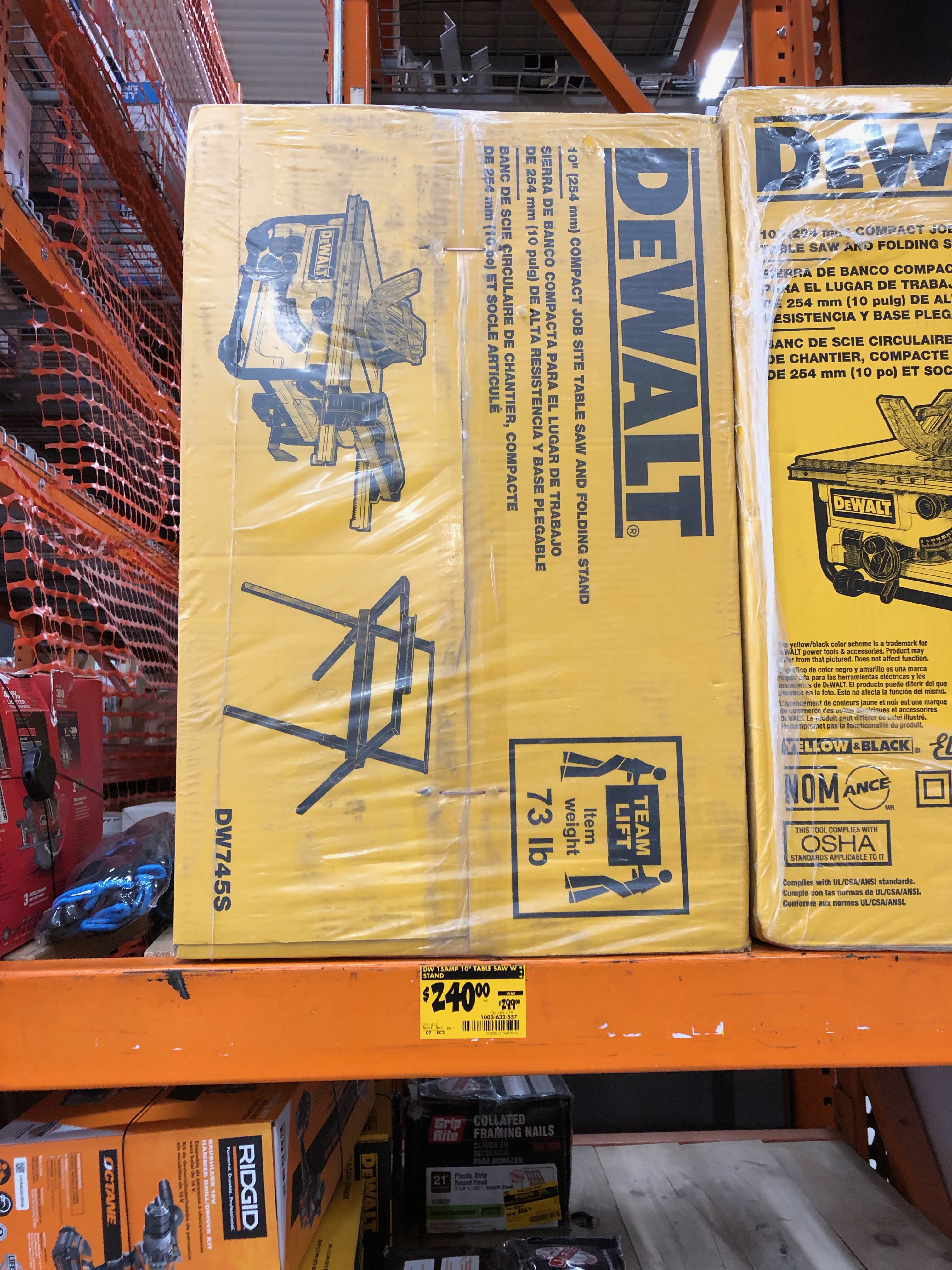 Dewalt DW745S Table Saw $240 at the home depot YMMV