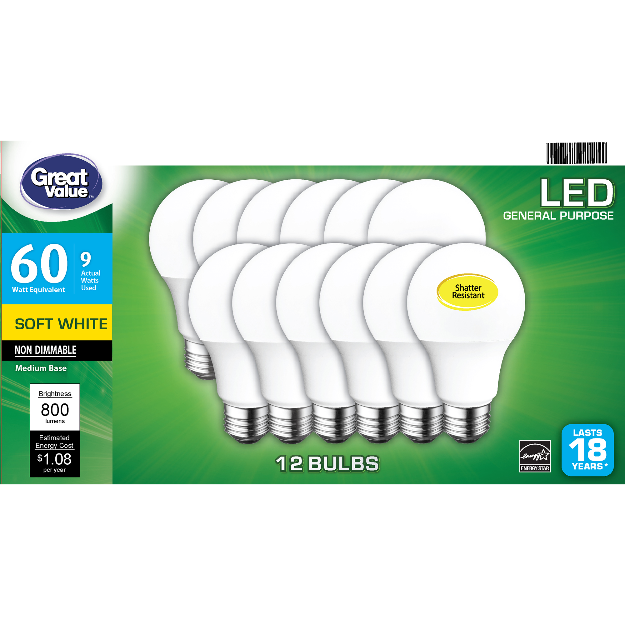 Great Value LED Light Bulb, 9 Watts (60W Equivalent) A19 General Purpose Lamp E26 Medium Base, Non-dimmable, Soft White, 12-Pack $1.97 YMMV
