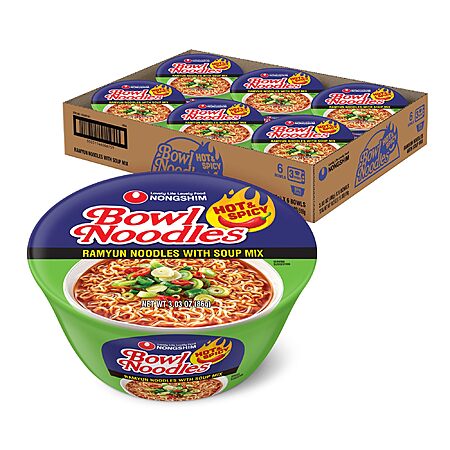 Nongshim Ramen Noodles, Gourmet Instant Ramen bowl,  Hot & Spicy, 3.03 Ounce (Pack of 6) $5.51