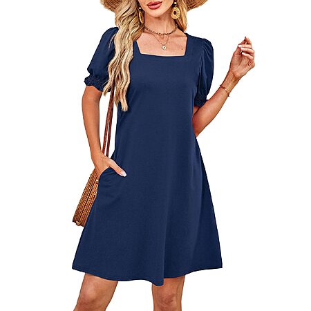 Casual Cute Square Neck Puff Short Sleeve Dress with Pockets $7.99