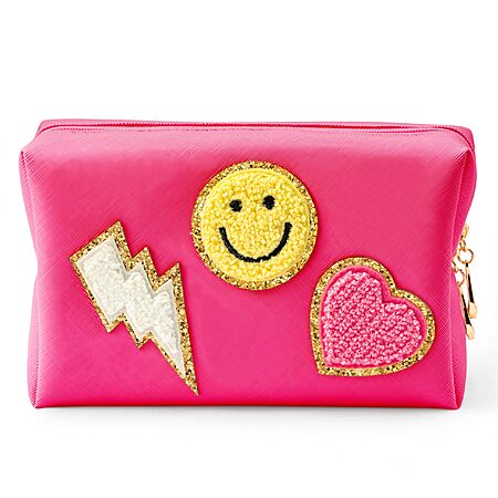 Smile Lightning Heart PU Leather Portable Waterproof Makeup Cosmetic Bag Daily Use Storage Purse Travel Organizer Compliant Bag for Women Girls Gift (Rose Red) $4.49