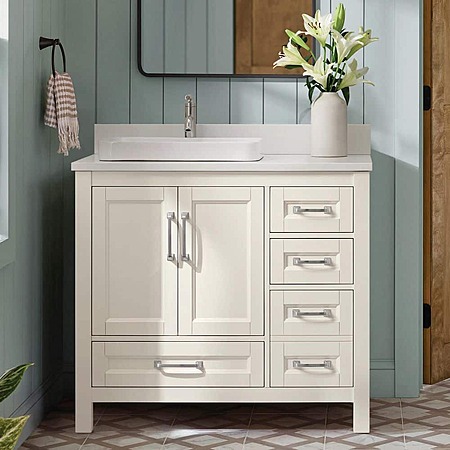 Bentworth 36 in. Single Semi-Recessed Sink Warm White Bath Vanity with White Engineered Marble Top (Assembled)