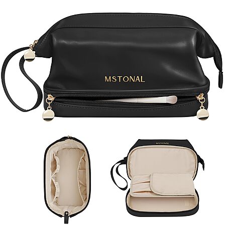 MSTONAL Travel Makeup Bag, Double Layer Cosmetic Bags for Women,Black