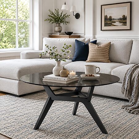 Vlsrka Round Glass Coffee Table, Soild Wood Base, 31.5" W, Black