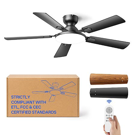 Homelist Ceiling Fans with Lights 52 Inch, Flush Mount Fan, Matte Black