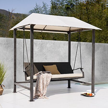 Grand Patio 3-Seat Patio Swing Chair, Outdoor Porch Swing with Canopy, Removable Cushion for Patio Garden Poolside, Beige $179.99