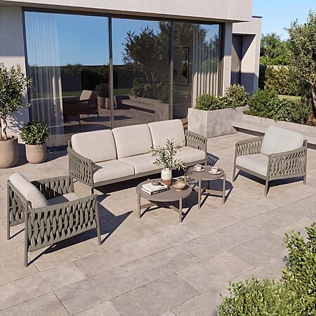 Grand patio 5-Piece Outdoor Furniture Set, Outdoor Sofa Set with 2 Round Side Tables, Modern Metal Patio Couch with 6-inch Thick Waterproof Cushions for Porch Deck Backyard