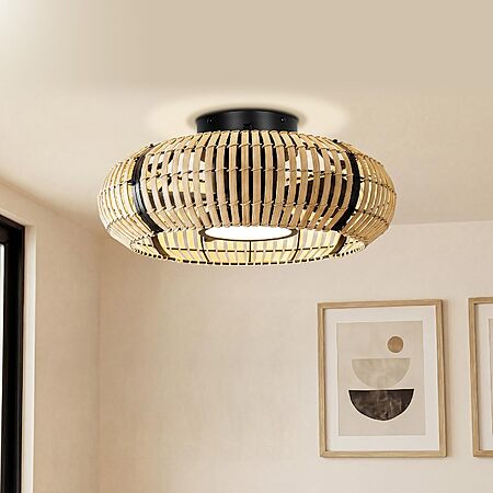 ocioc 20" Caged Ceiling Fan with Light,Boho Rattan,Flush Mount