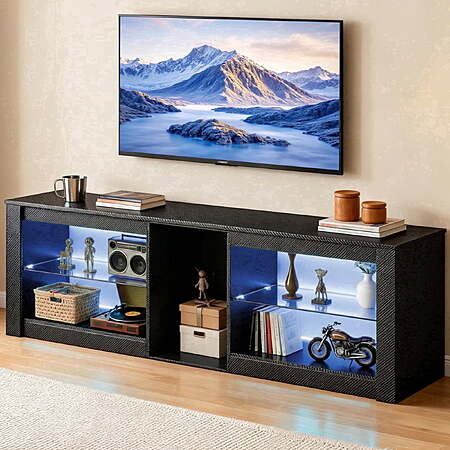 THAILE Black TV Stands for Living Room, Entertainment Center for TVs up to 65" with Glass Shelves & Carbon Fiber Finish