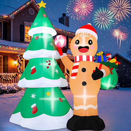 Firstness 6ft Tall Christmas Inflatables, Gingerbread Man and Christmas Tree Blow ups with LED Lights for Outdoor Yard Lawn Decorations