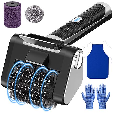 Electric Grill Brush, 4000mAh Rechargeable, 3 Speed Settings, LED Light, Detachable Stainless Steel Head