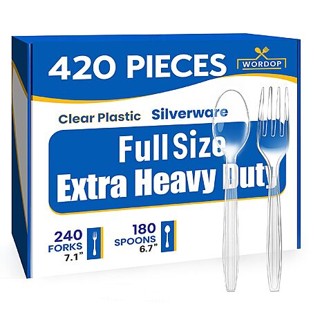 Extra Heavy Duty Plastic Silverware Set – Heat Resistant & BPA Free Disposable Silverware Cutlery (Clear, 240 Forks-180 Spoons)