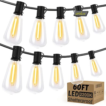 OHLUX Bistro String Lights Outdoor, 60FT Deck Lights with 32 Shatterproof ST38 Vintage Edison Bulbs