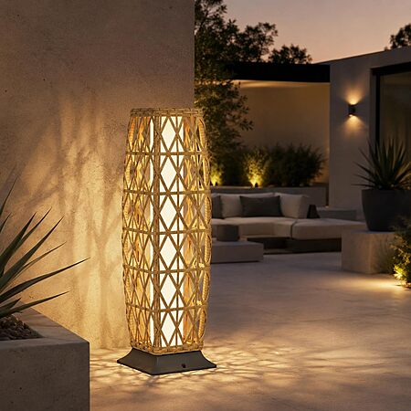 Grand patio Outdoor Floor Lamp Solar Lantern, Water-Resistant Natural Wicker Boho Patio Light with 50/100 Lumens Dual Brightness