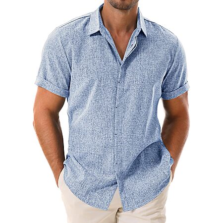 Drazivon Men's Linen Short Sleeve Button Down Casual Beach Shirts Blue M