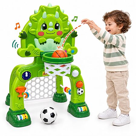 Adjustable Toddler Basketball Hoop & Soccer Goal, Dinosaur Sports Toy for Kids