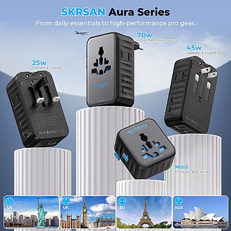 Aura 70W Ultra-Slim Universal Travel Adapter 6-in-1 for EU/UK/AUS/AS/US