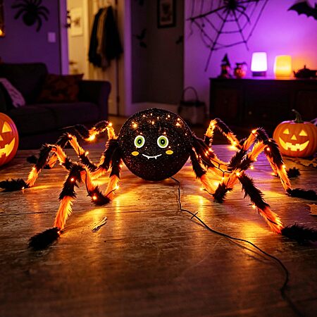 Fudios Lighted Halloween Spider Timer, Orange Black Legs Yard Outdoor Decor | Timer, Yard Outdoor Decor