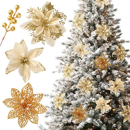 Floweroyal 30pcs Poinsettia Artificial Christmas Flowers Decorations with Clips