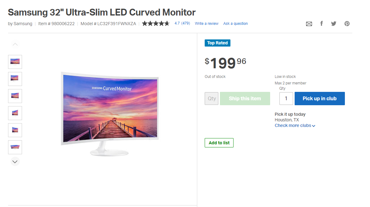 Samsung 32 Curved Full HD Monitor, 1920 x 1080 Resolution, HDMI / DisplayPort Inputs $199.96