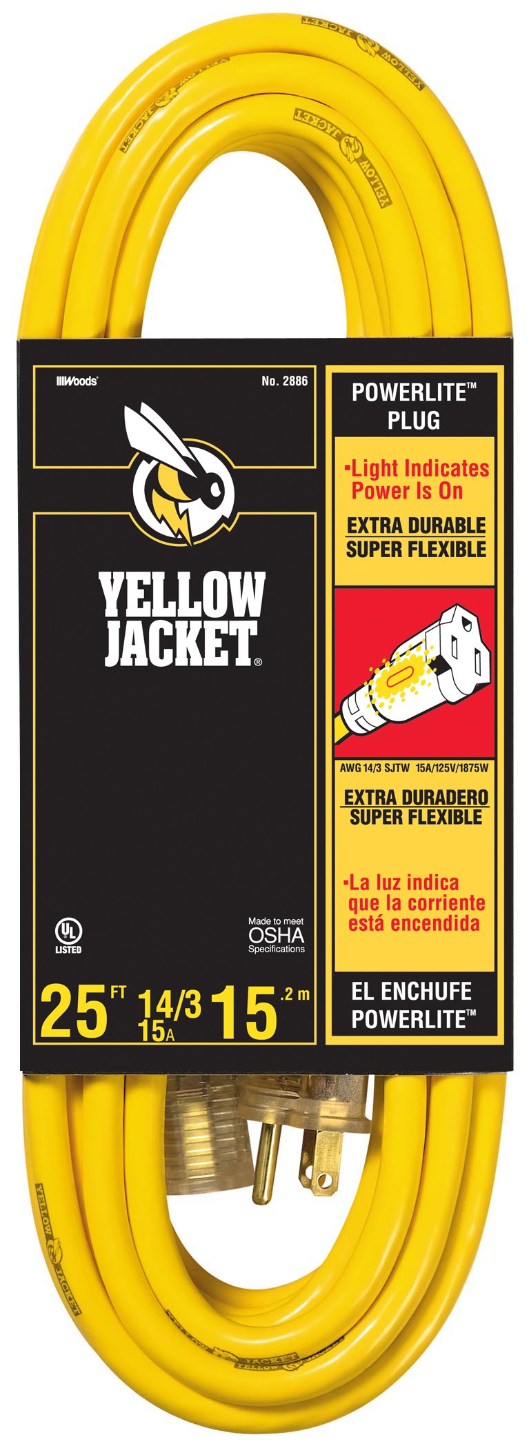 25' Yellow Jacket 15-Amp UL Extension Cord w/ Grounded Lighted ...