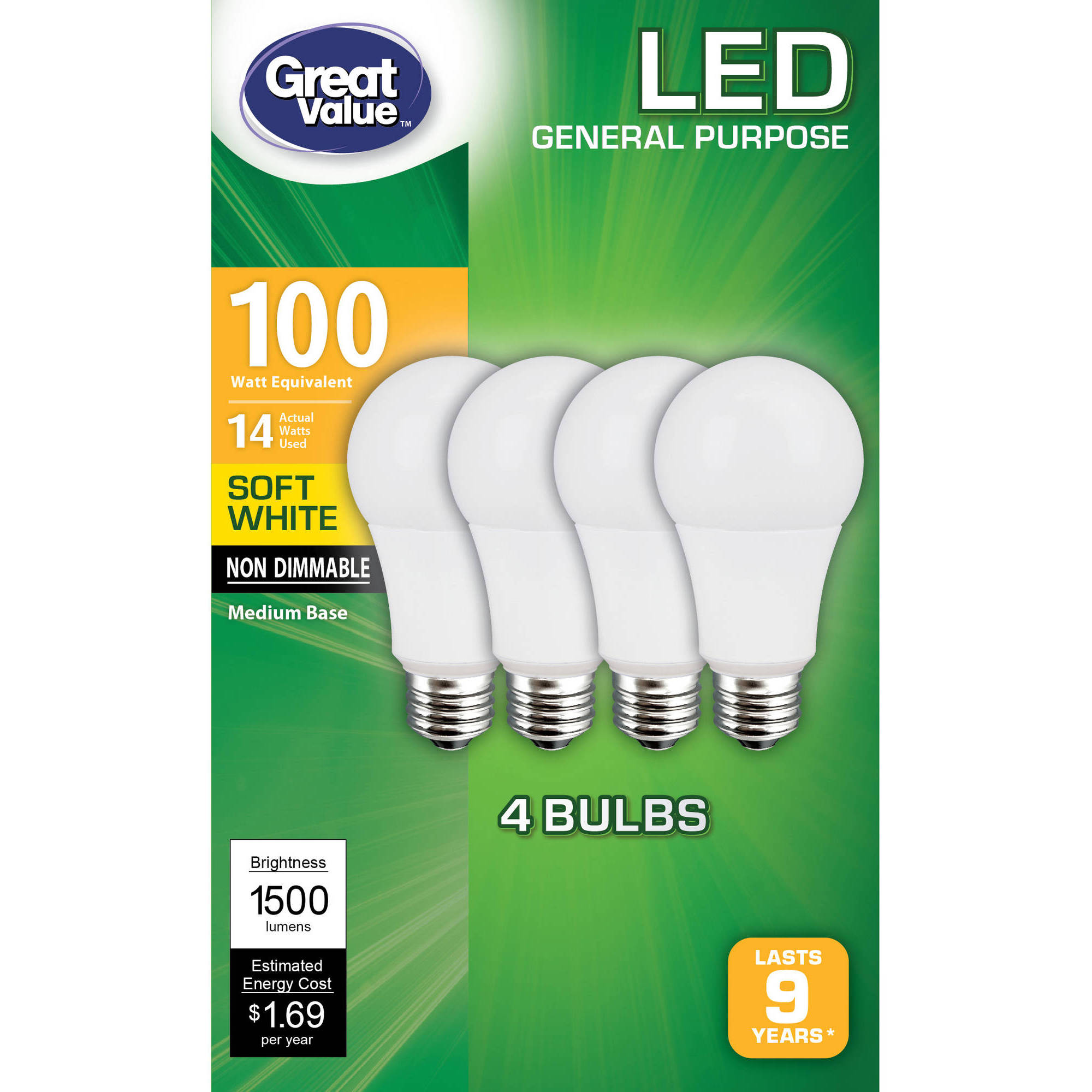 Walmart.com - 4pk 100W LED Light Bulbs Soft White - $7.97 Free store pickup or FS +$35