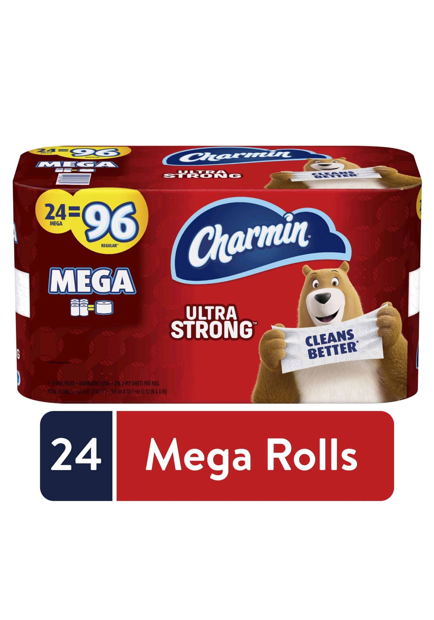 Charmin Ultra Strong Toilet Paper, 24 Mega Rolls, 6864 Sheets for $23.82 on Walmart.com