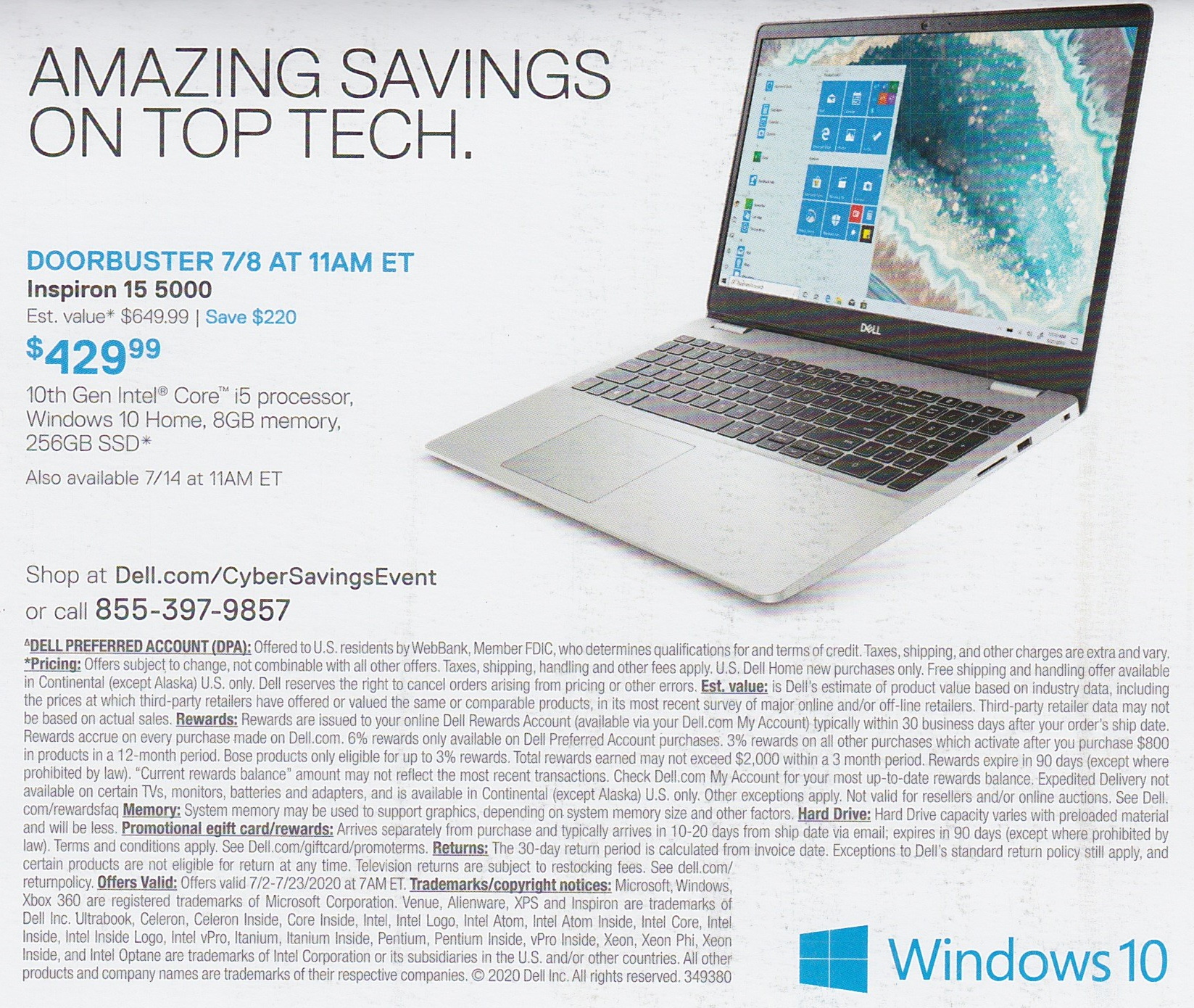 (Heads-Up for 07/08) Dell Doorbuster: Dell Inspiron 15 5000 (10th Gen. i5, 8GB RAM, 256GB SSD) $429.99