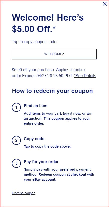 eBay Coupon: $5 Off $0 or More (YMMV)