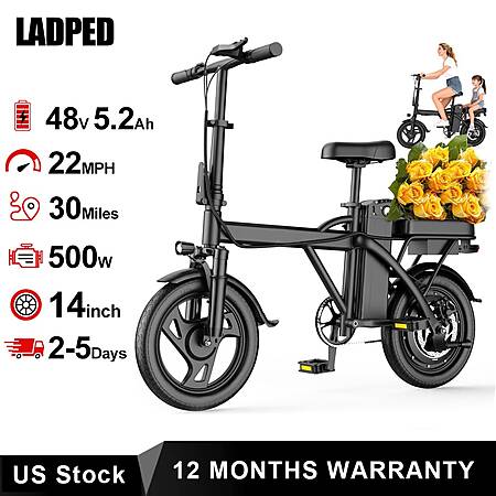 14" LADPED 500W Foldable Electric Bike (22 MPH / 30 Mi. Range) $128.30 + Free S&H