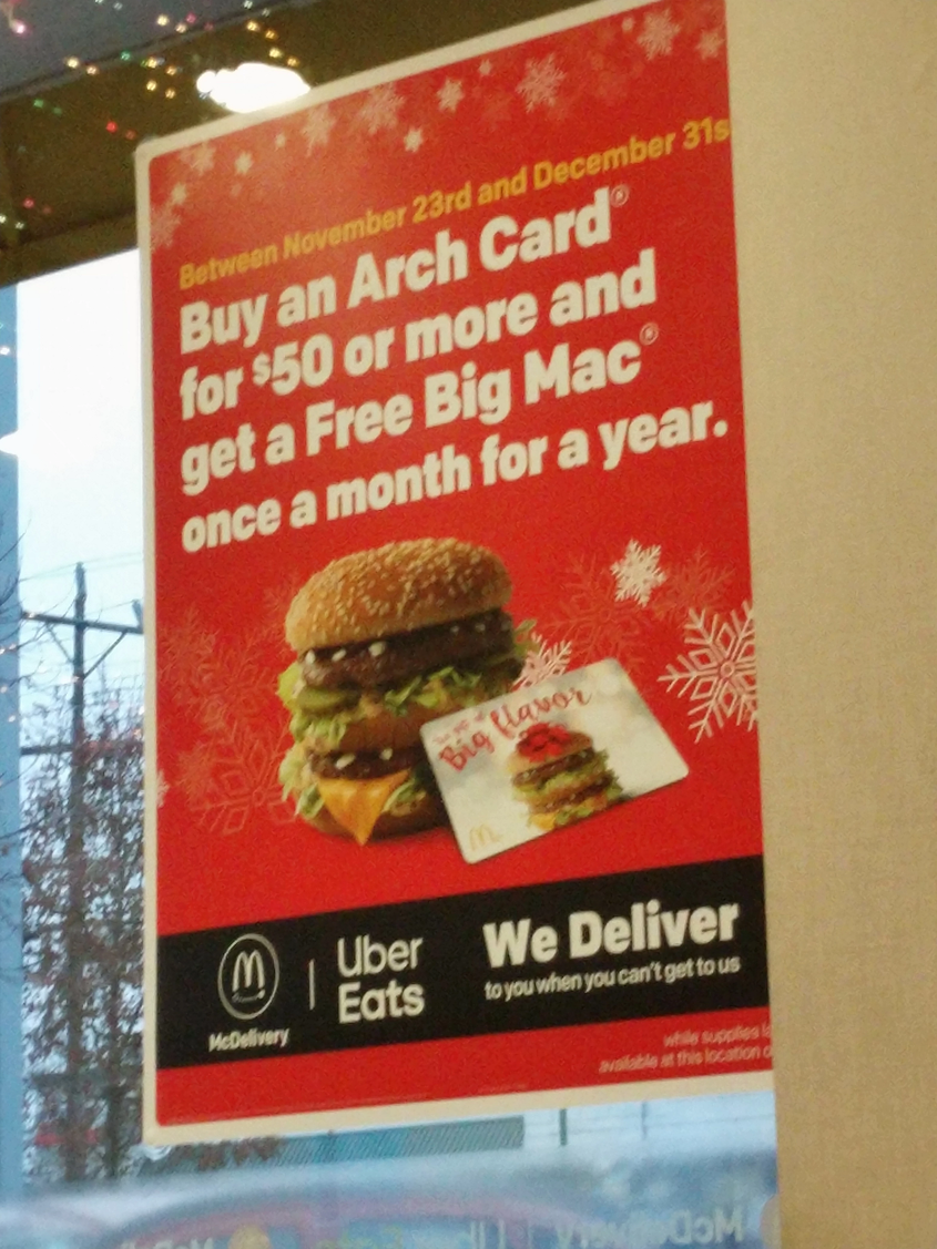 McDonald's buy a $50 arch card and get a free big Mac once a month for a year ymmv