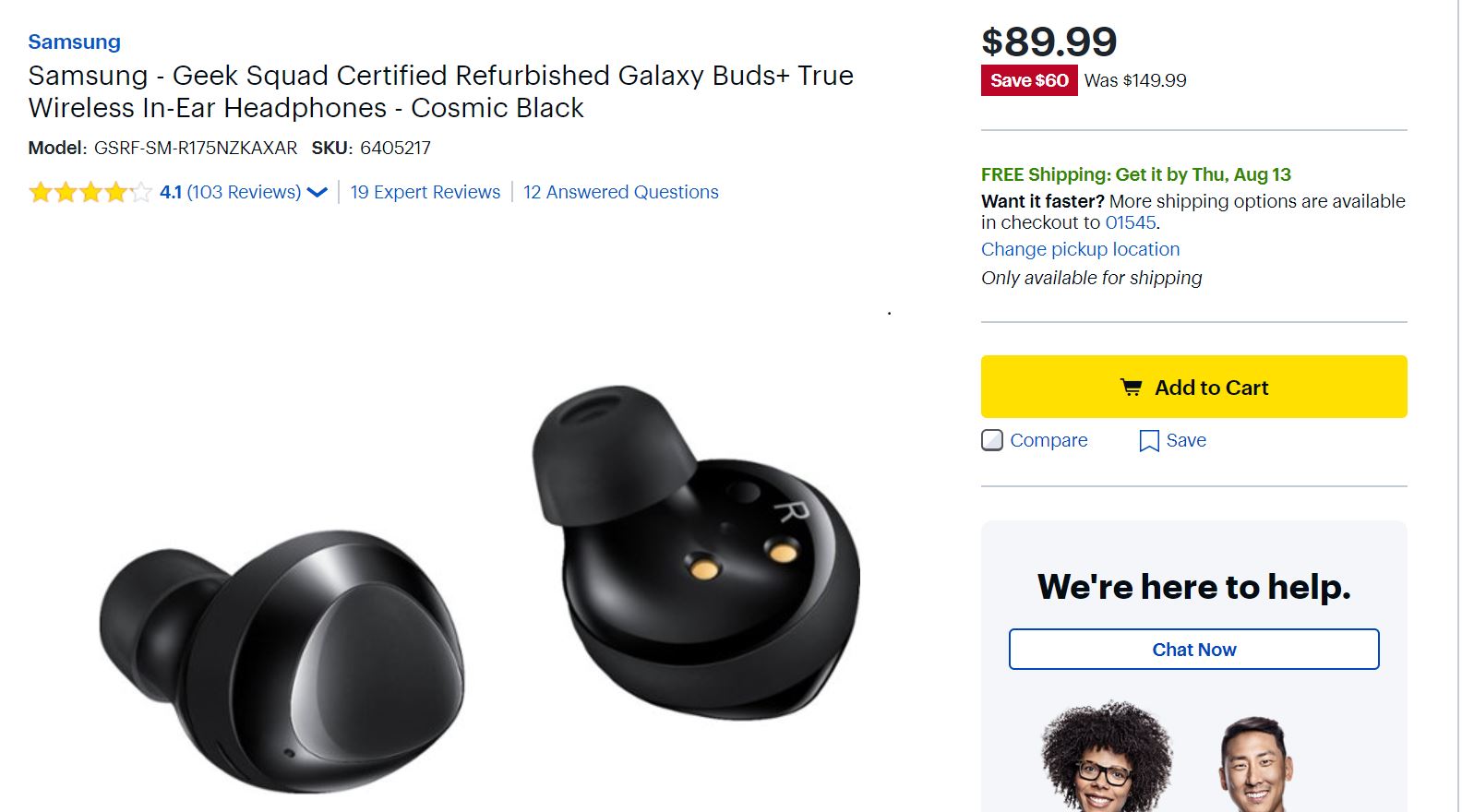 Samsung - Geek Squad Certified Refurbished Galaxy Buds+  for $89 @BestBuy