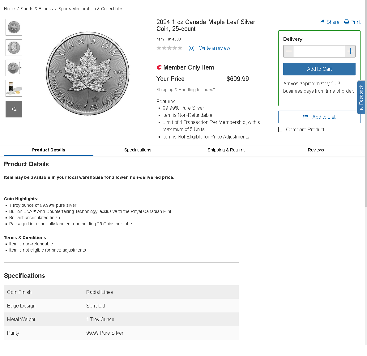 Costco Members 2024 1 oz Canada Maple Leaf Silver Coin, 25-count $609.99