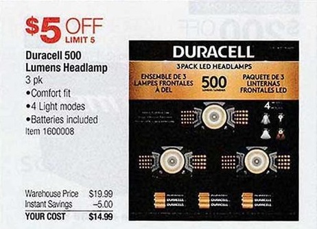 Costco Wholesale Black Friday: Duracell 500 Lumens Headlamp , 3 Pack for $14.99