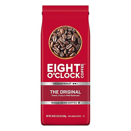 Eight O'Clock Coffee: 40-Oz Medium Roast Whole Bean Coffee (The Original) $9.80 & More w/ S&S