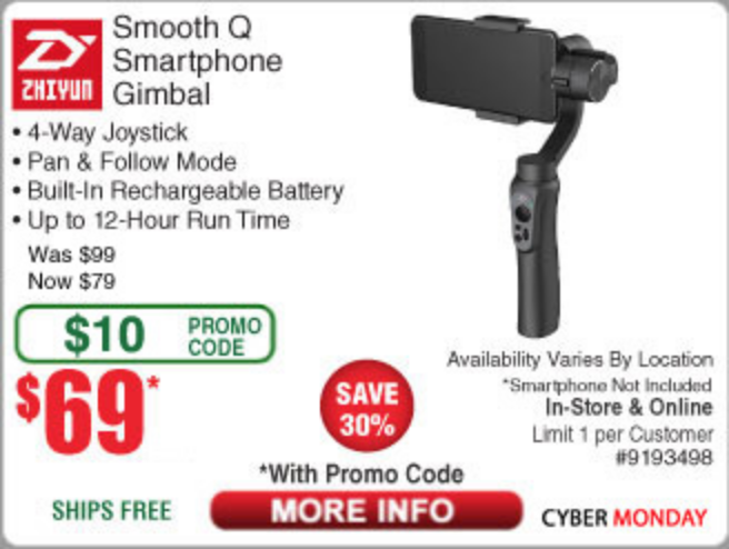 Zhiyun Smooth-Q 3-Axis Handheld Gimbal Stabilizer for Smartphone $69 Free Ship @ Frys with Promo Code