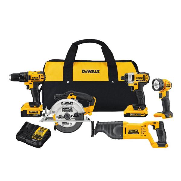 DEWALT 20-Volt MAX Lithium-Ion Cordless Combo Kit with 2 Ah and 4 Ah Batteries and Tool Bag with Free 4.0 Ah Battery (4-Tool + light) $299