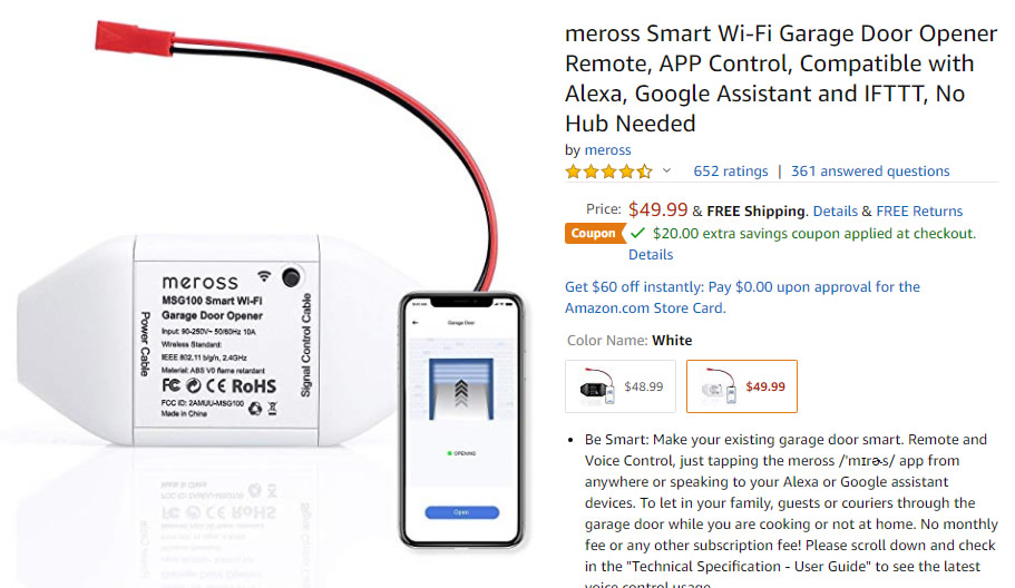 meross Smart Wi-Fi Garage Door Opener ($50 - $20 OFF Coupon = $30 Amazon Prime)
