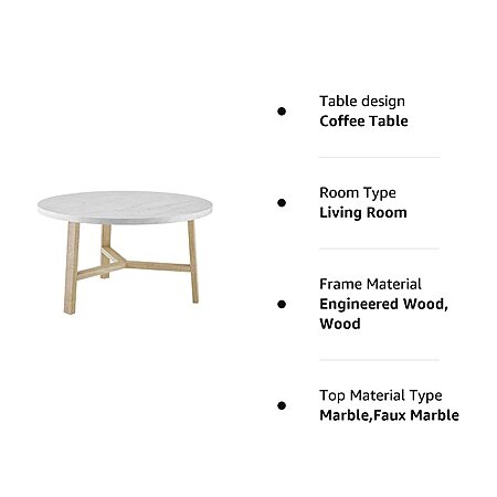 30" Walker Edison Mid Century Modern Round Coffee Table (Marble & Brown ...
