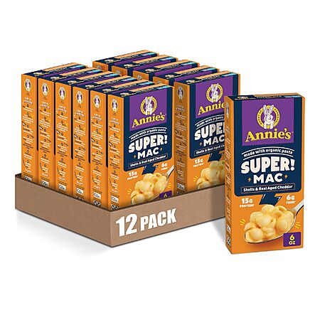 12-Pack 6-Oz Annie's Super! Mac, Protein Macaroni & Cheese Dinner, Shells & Real Aged Cheddar $15.03 w/ S&S + Free Shipping w/ Prime or on $35+