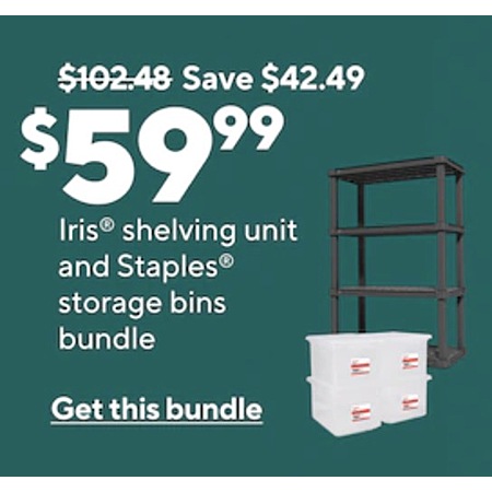 Bundle: 4-Shelf Iris Plastic Shelving Unit + 4-Ct Staples Plastic File Box w/ Lid
