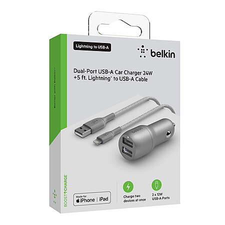 Belkin BOOSTCHARGE 24W Dual USB-A Car Charger w/ Braided Lightning Cable $5.00 + Free Shipping w/ Walmart+ or on $35+