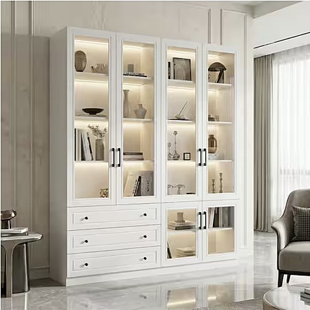 78.7" 10-Shelf FUFU&GAGA White Wood Bookcase w/ Glass Doors, LED Lights & Drawers $306 + Free S&H