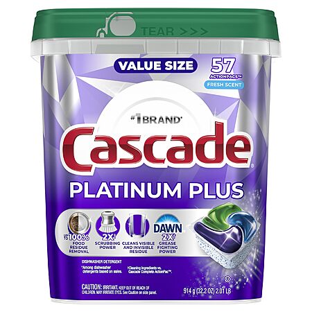 Cascade Platinum Plus Dishwasher Pods, Dishwasher Detergent, Dish Detergent Soap, Fresh, 57 Count~$17.37 After Coupon & S&S @ Amazon