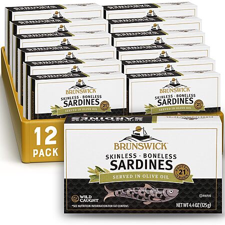 Brunswick Wild Caught Skinless and Boneless Sardines, Served in Olive Oil, 4.4 Ounce (Pack of 12)~$19.66 With S&S @ Amazon